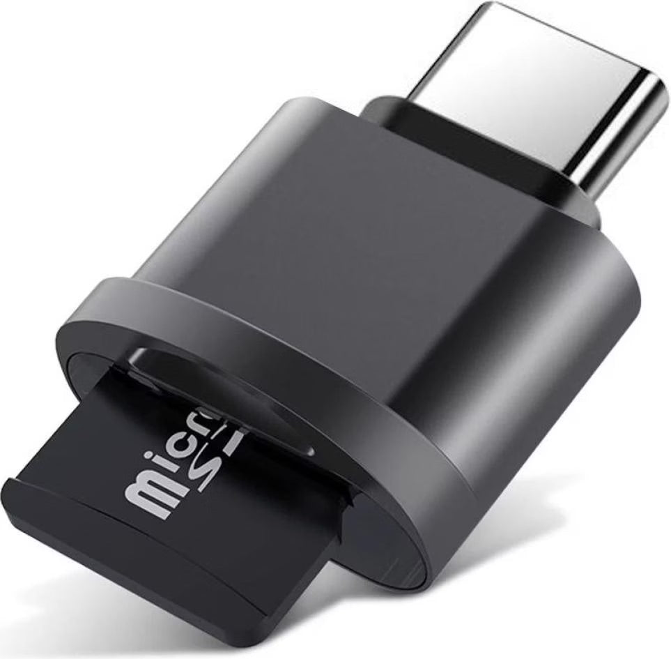 Black USB-C to micro-USB adapter on a white background