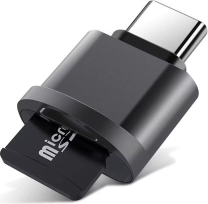 Black USB-C to micro-USB adapter on a white background